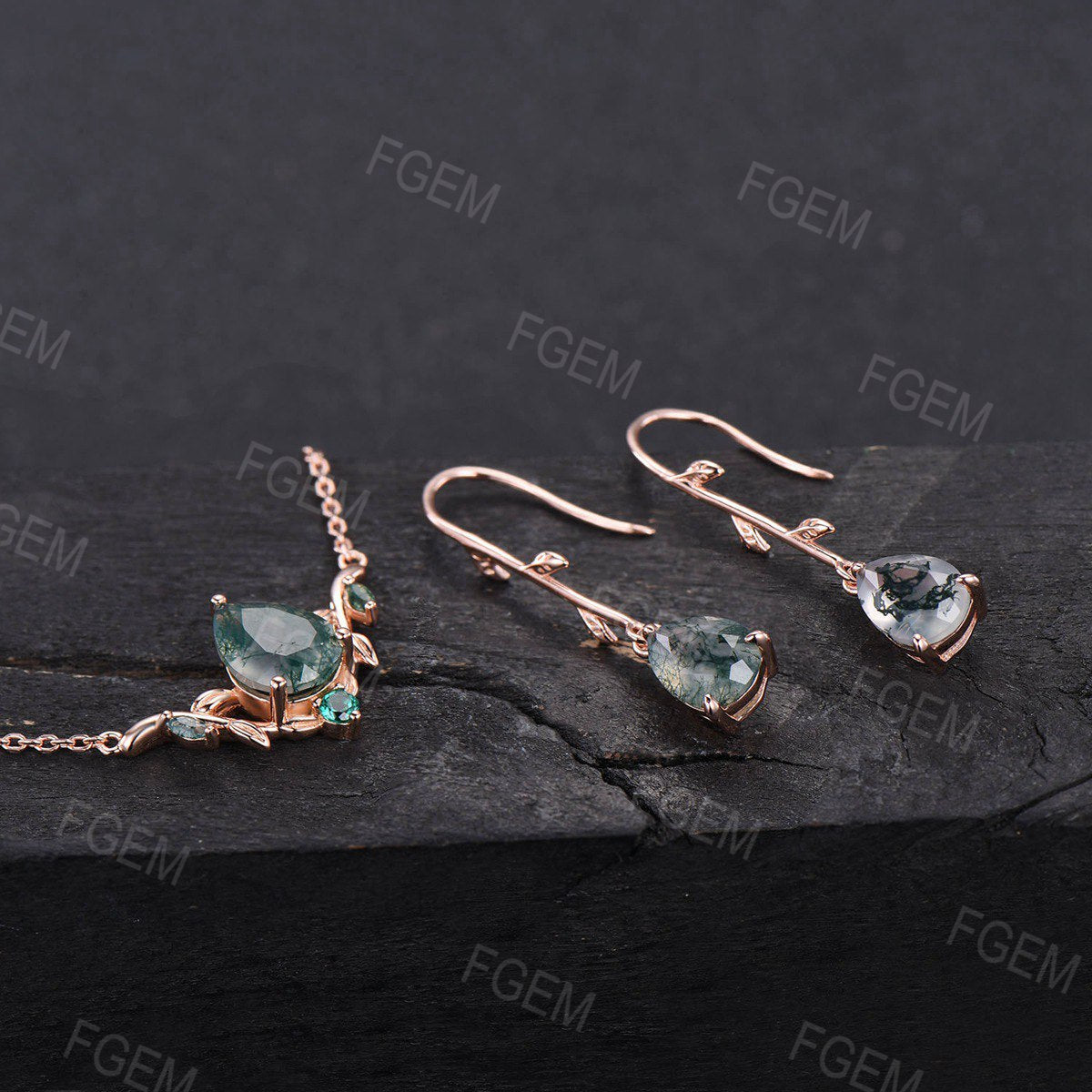 Moss Agate Necklace Earrings Jewelry Set Vintage Teardrop Natural Agate Necklace Rose Gold Leaf Vine Dangle Drops Emerald Bridesmaid Jewelry
