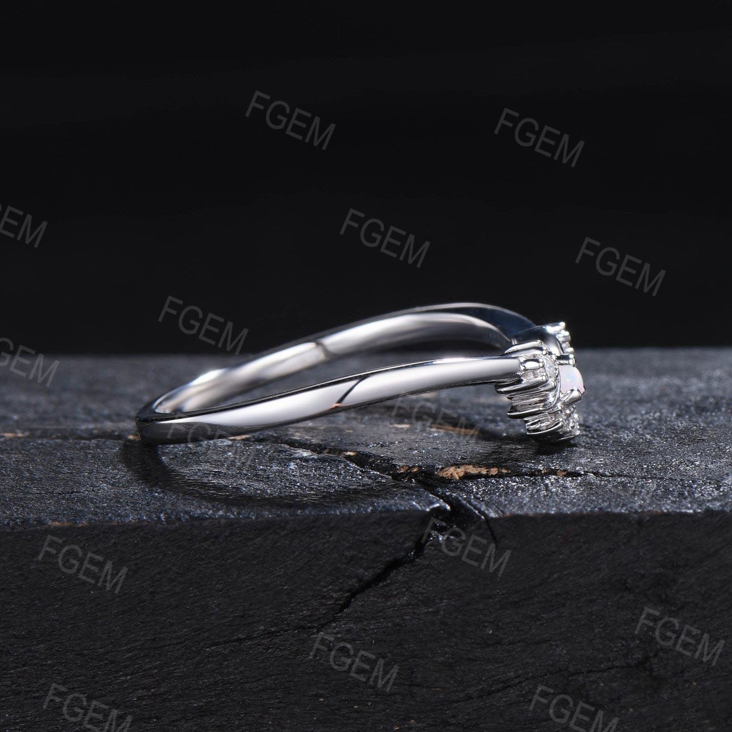 Crescent Moon Opal Diamond Contour Wedding Band Sterling Silver Opal Celestial Nesting Band Vintage Stacking Matching Bridal Ring Gift Women