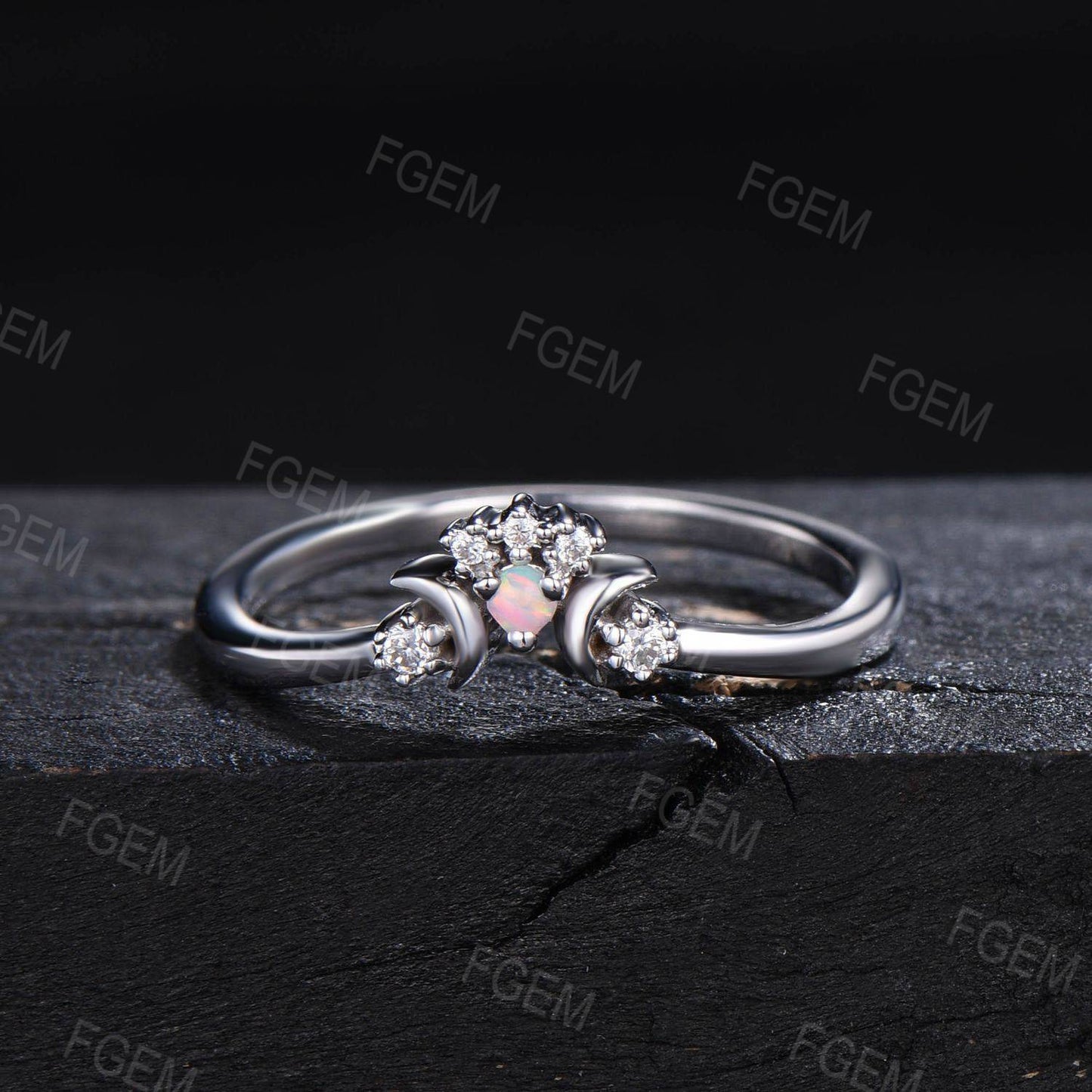 Crescent Moon Opal Diamond Contour Wedding Band Sterling Silver Opal Celestial Nesting Band Vintage Stacking Matching Bridal Ring Gift Women