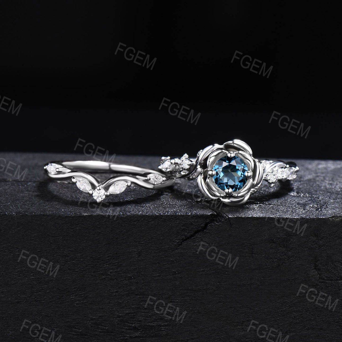 Floral 5mm Round Natural London Blue Topaz Engagement Ring Sterling Silver Branch Leaf Moissanite Bridal Set December Birthstone Women Gift