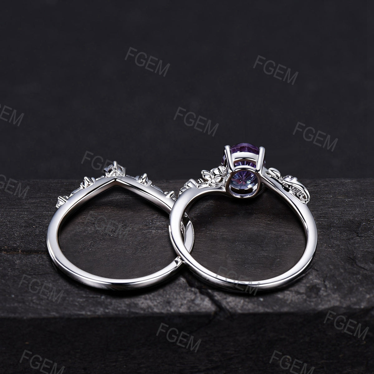 Fireworks Cut Alexandrite Oval Engagement Ring Set Vine Leaf White Gold Nature Inspired Moonstone Bridal Wedding Ring Set June Birthstone