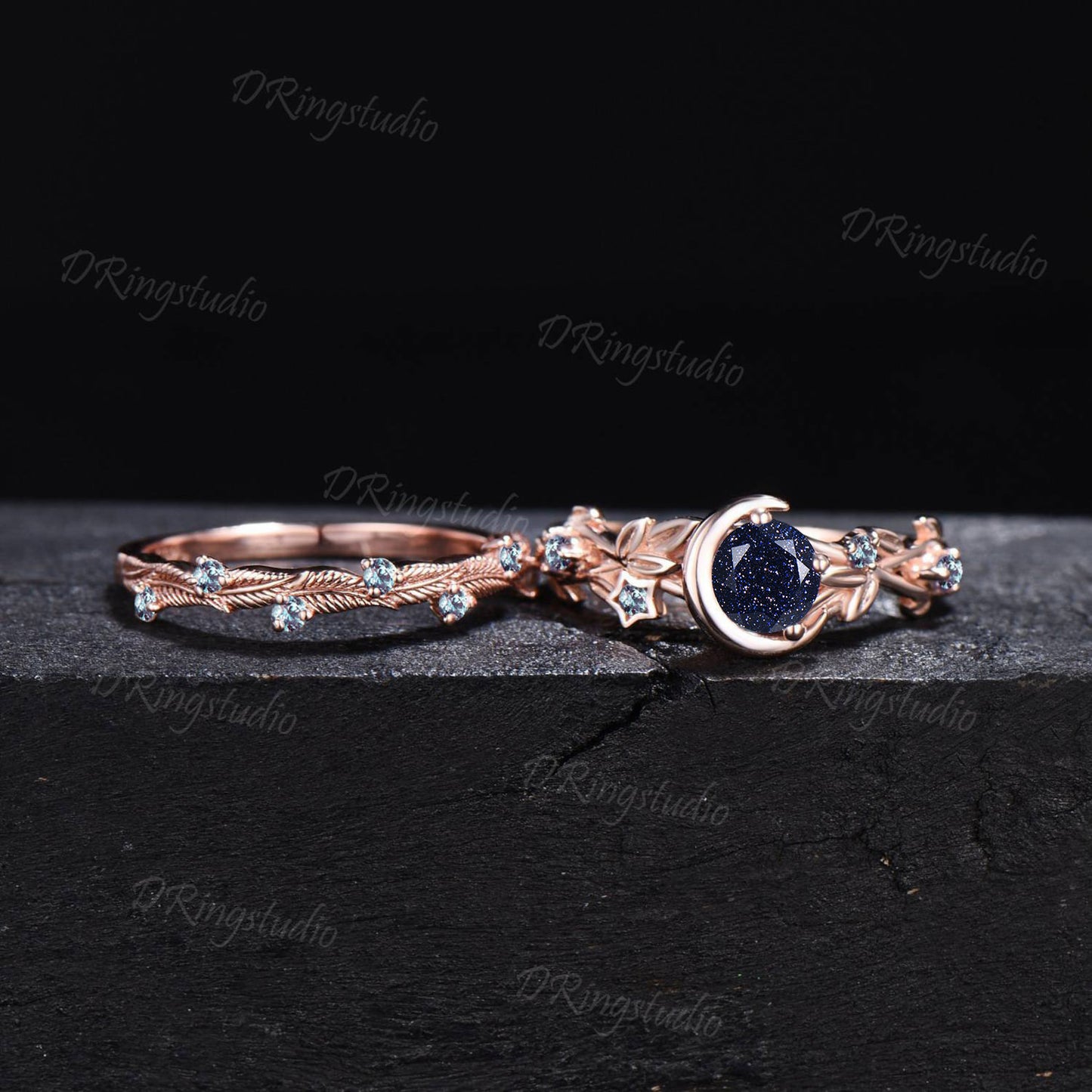 Moon Star Galaxy Blue Sandstone Ring Set Nature Inspired Alexandrite Leafy Ring Leaf Vine Sandstone Bridal Set Nebula Ring Proposal Gifts