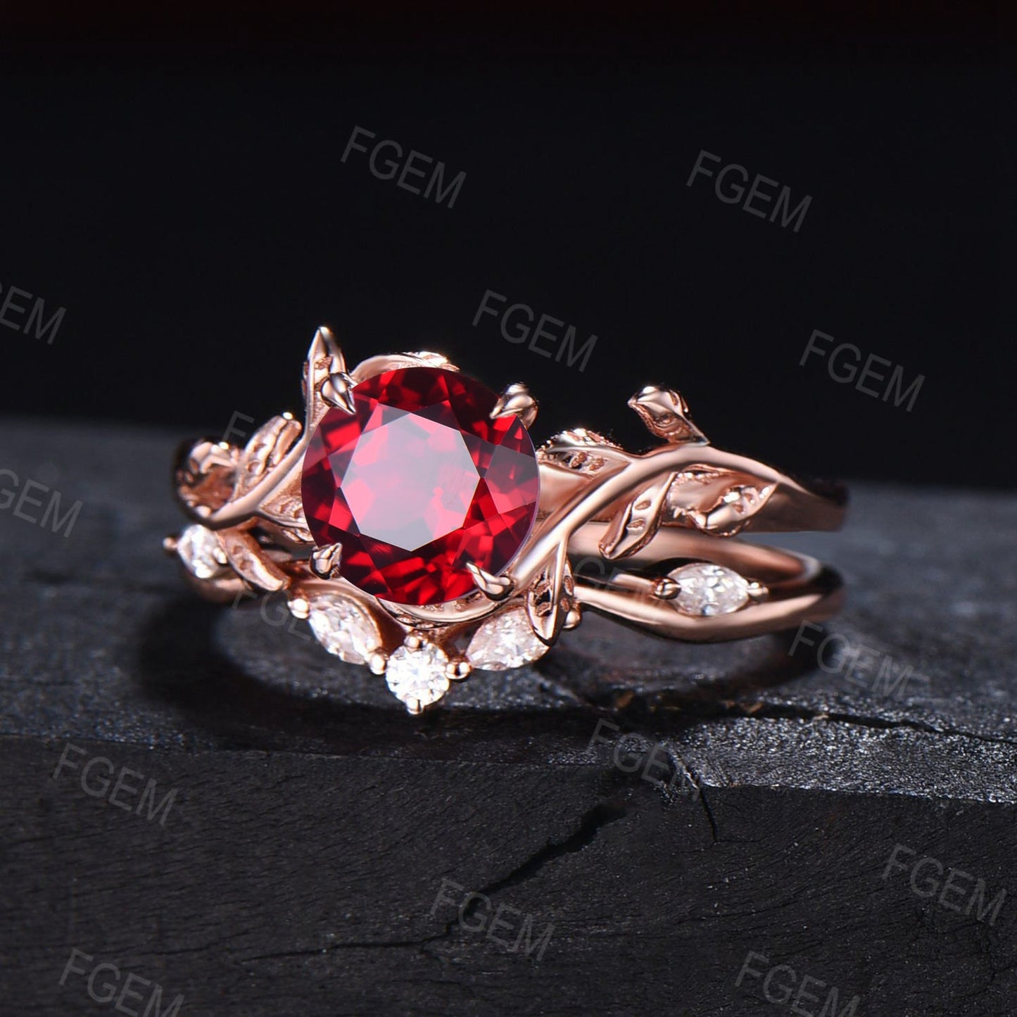 1ct Round Nature Inspired Ruby Gemstone Jewelry Rose Gold Twig Leaf Ruby Engagement Ring Set Unique Anniversary Gifts July Birthstone Ring