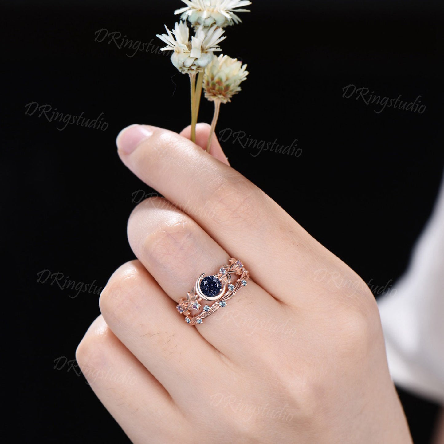 Moon Star Galaxy Blue Sandstone Ring Set Nature Inspired Alexandrite Leafy Ring Leaf Vine Sandstone Bridal Set Nebula Ring Proposal Gifts
