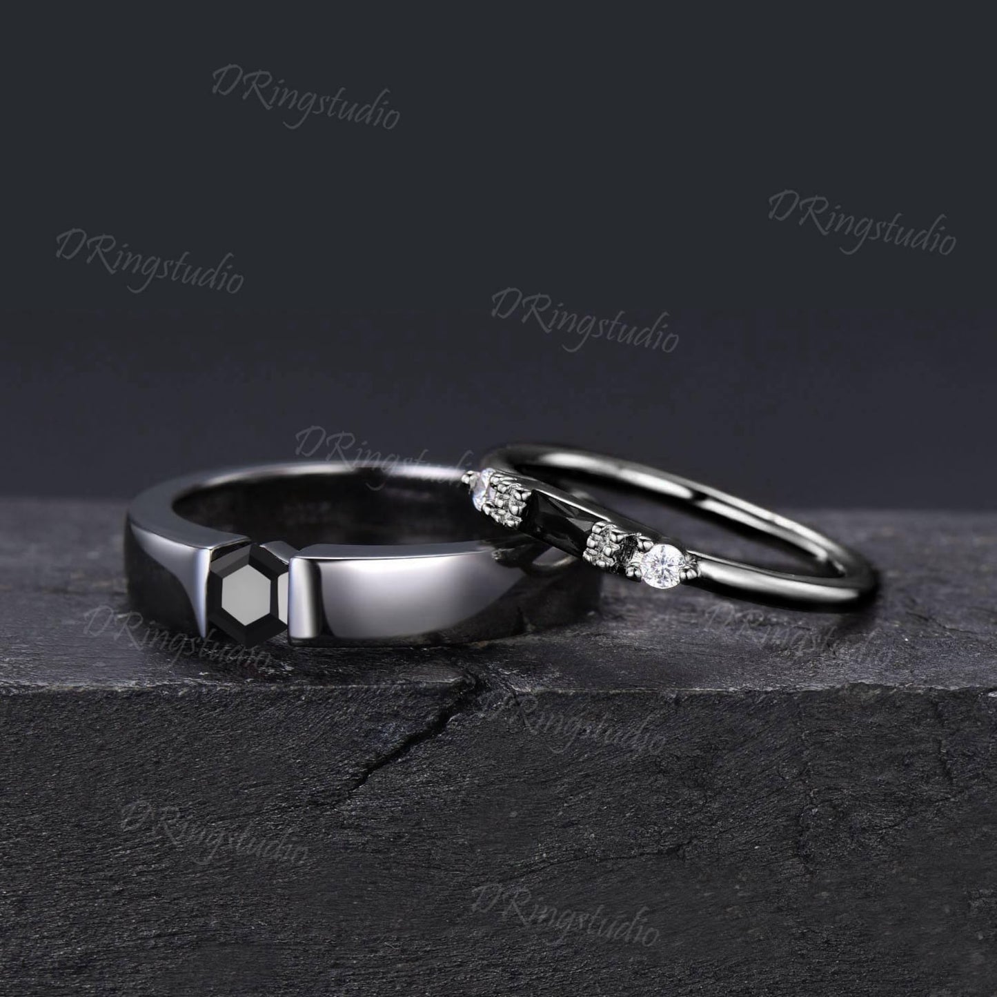 Goth Black Onyx Couple Rings Set Witchy Silver Black Gold Plated Matching Couples Ring Black Gemstone Ring