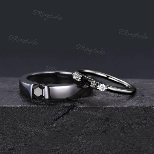 Goth Black Onyx Couple Rings Set Witchy Silver Black Gold Plated Matching Couples Ring Black Gemstone Ring