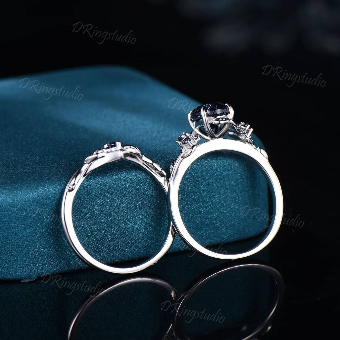 Black Gold Engagement Ring 1.5CT Oval Nature Inspired Starry Sky Galaxy Blue Sandstone Wedding Ring Set Cluster Blue Sapphire Bridal Sets