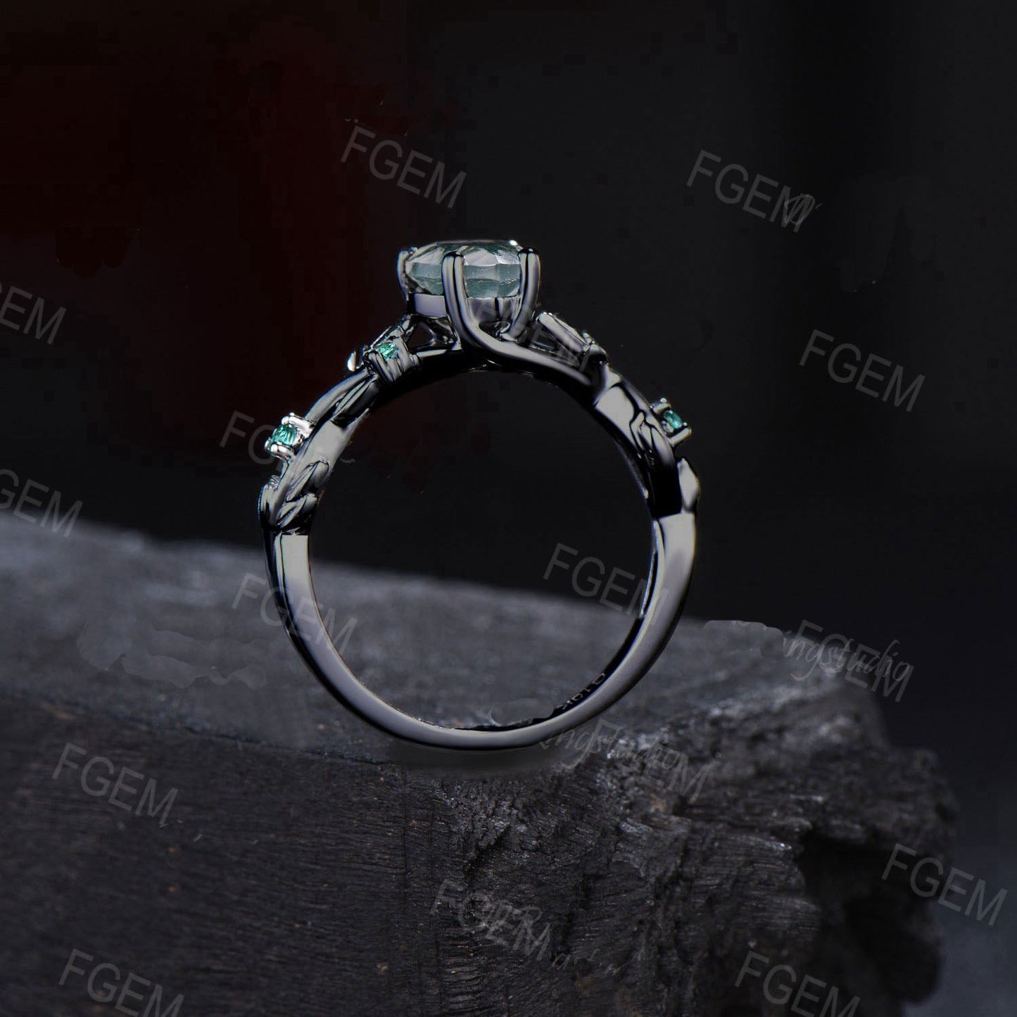 Black Gold Twig Ring Teardrop Natural Moss Agate Engagement Ring Branch Leaf Emerald Agate Stone Wedding Ring Green Gemstone Proposal Gifts