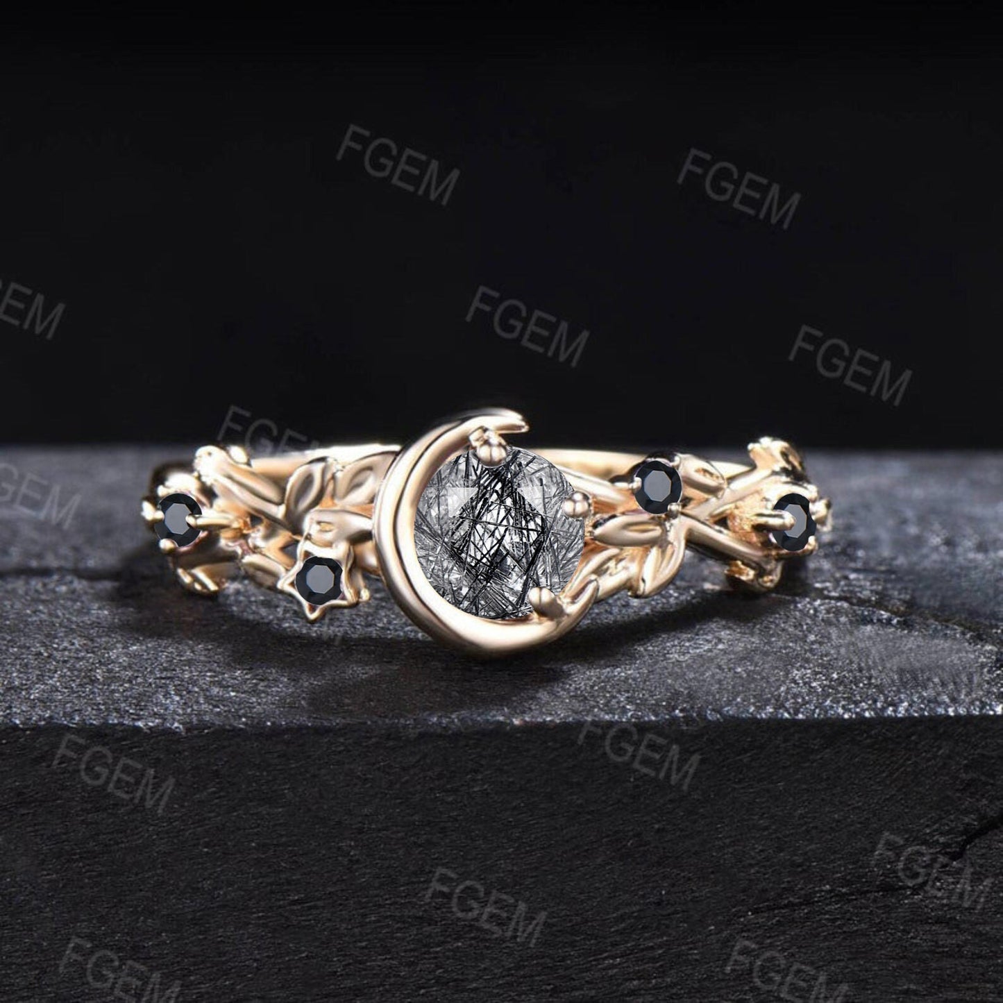 Vintage Round Black Rutilated Quartz Engagement Ring Sterling Silver Star Moon Cluster Black Spinel Personalized Black Gemstone Jewelry Gift