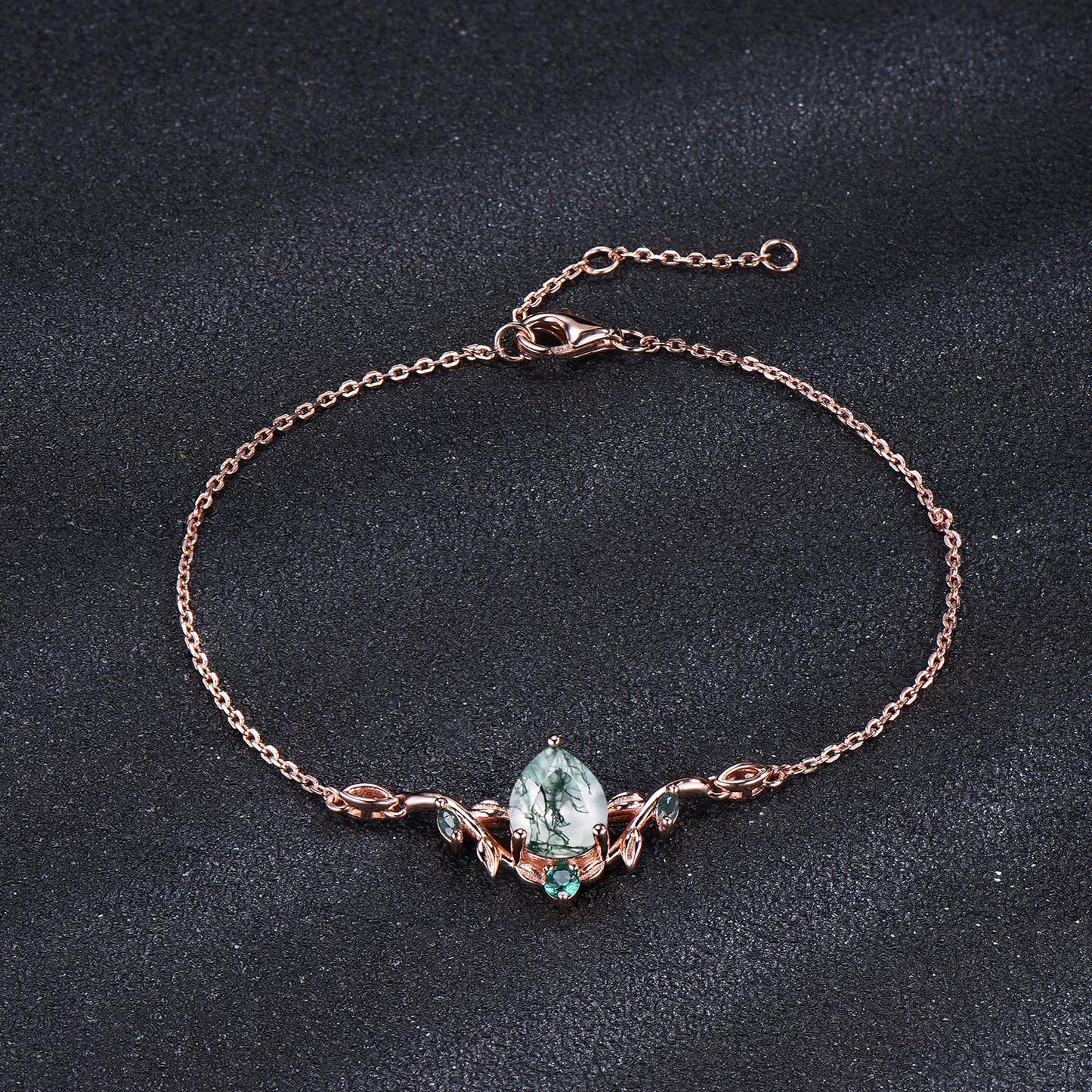 Rose Gold Branch Leaf Bracelet Nature Inspired Wedding Bracelet Pear Shaped Natural Moss Agate Bracelet Boho Bridal Jewelry Proposal Gift