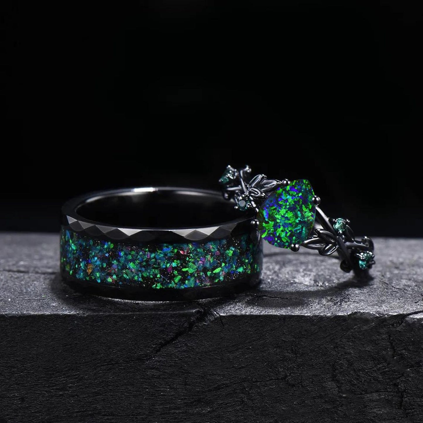 Gothic Black Opal Couple Rings Set Black Gold Pear Shaped Black Opal Engagement Ring Set Nebula Ring Tungsten Ring His and Hers Wedding Band