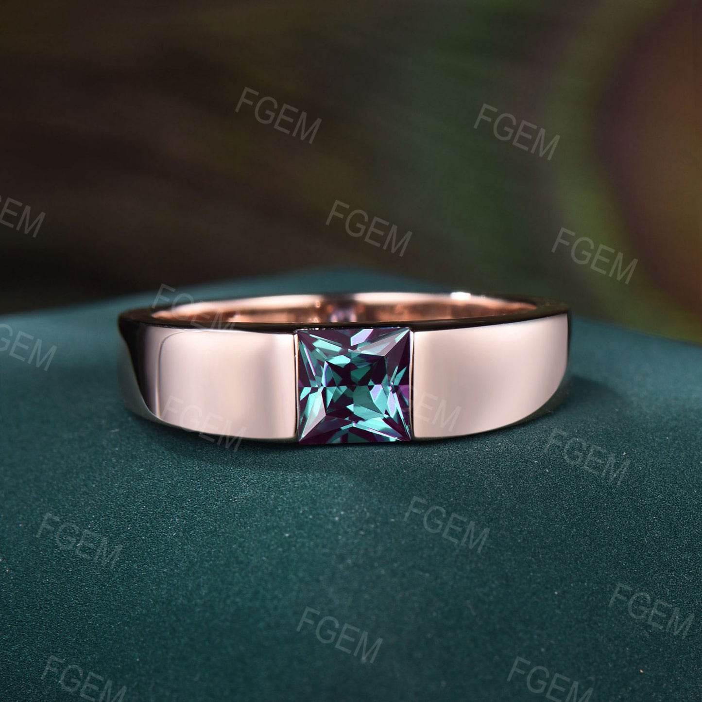 5mm Half Bezel Solitaire Mens Princess Cut Alexandrite Engagement Ring Pinky Ring 14K Rose Gold Gemstone Wedding Promise Rings for Men