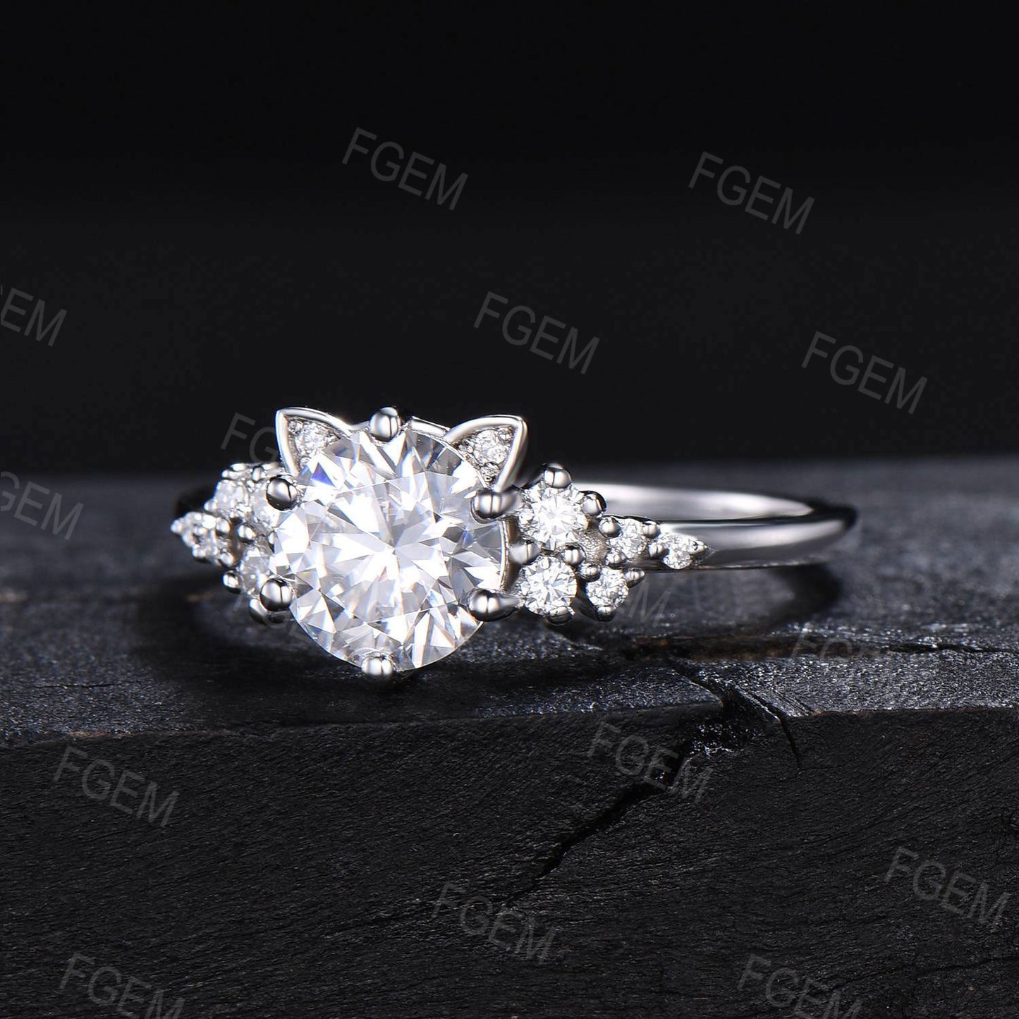 Cat Engagement Ring 7mm Round Moissanite Ring Unique Cat Moissanite Cluster Ring Snowdrift Ring Gold Cat Ring Anniversary Gift For Cat Lover