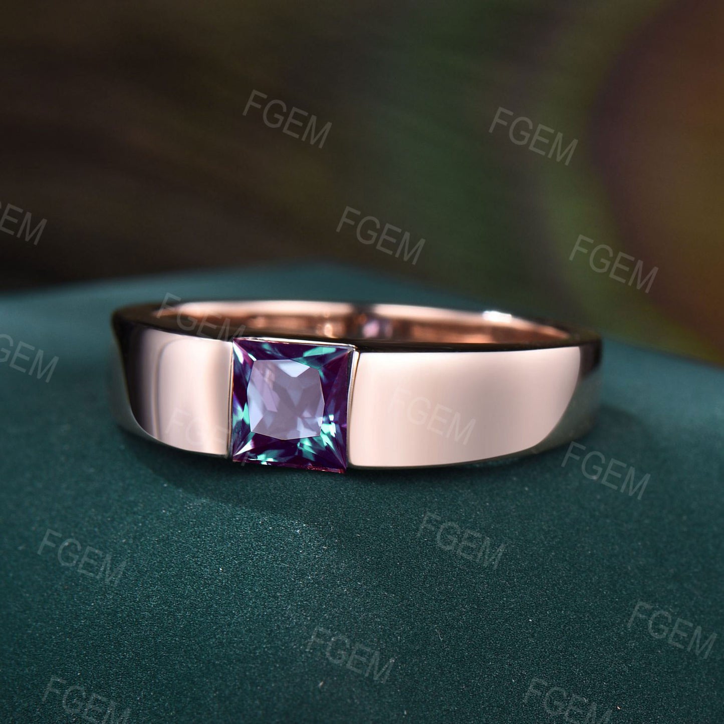 5mm Half Bezel Solitaire Mens Princess Cut Alexandrite Engagement Ring Pinky Ring 14K Rose Gold Gemstone Wedding Promise Rings for Men