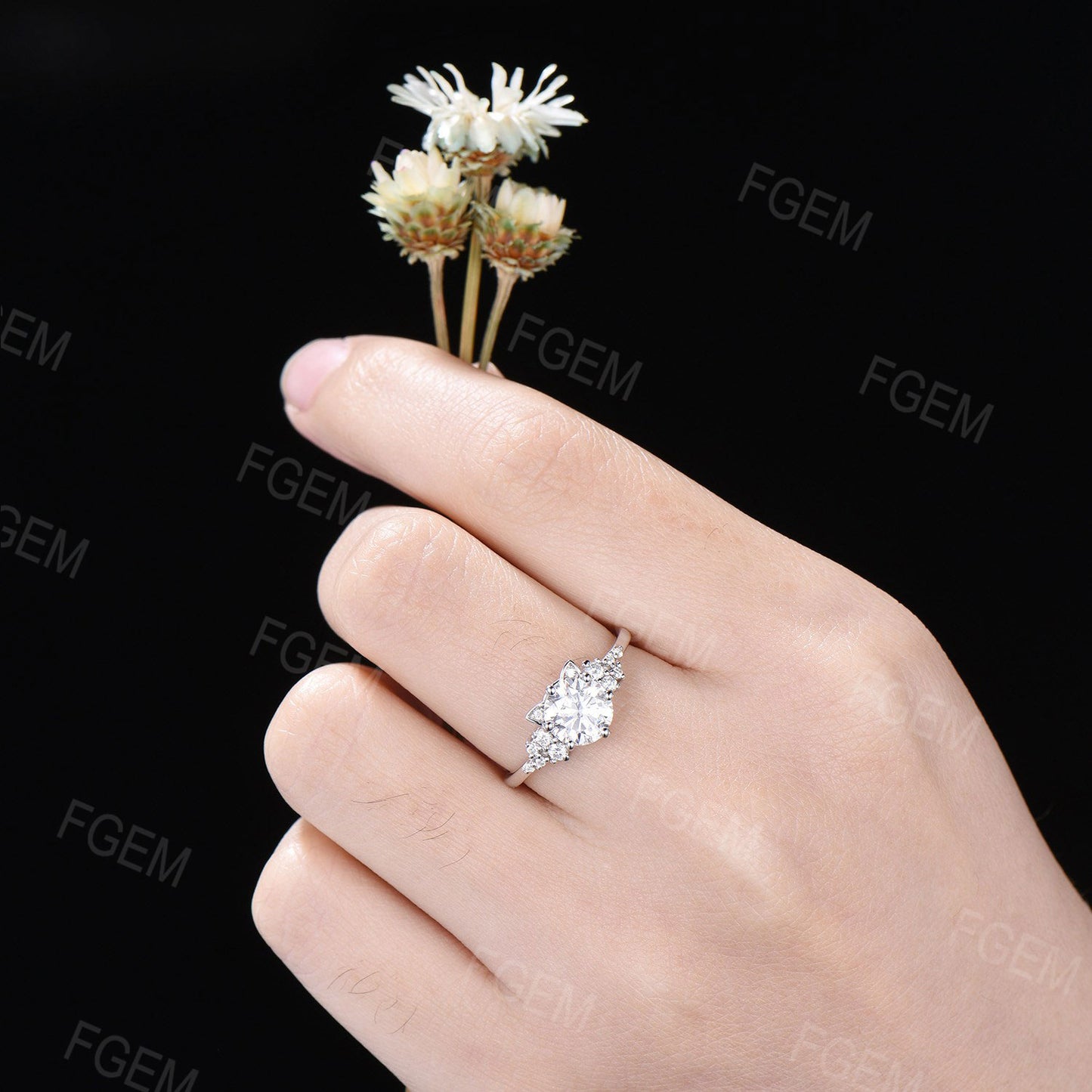 Cat Engagement Ring 7mm Round Moissanite Ring Unique Cat Moissanite Cluster Ring Snowdrift Ring Gold Cat Ring Anniversary Gift For Cat Lover