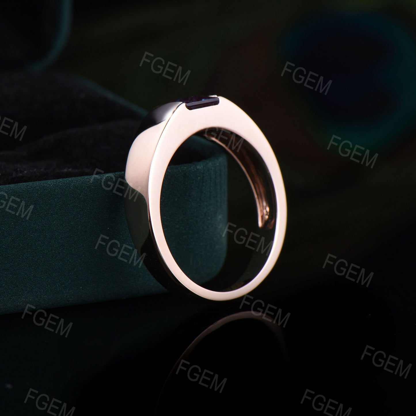 5mm Half Bezel Solitaire Mens Princess Cut Alexandrite Engagement Ring Pinky Ring 14K Rose Gold Gemstone Wedding Promise Rings for Men