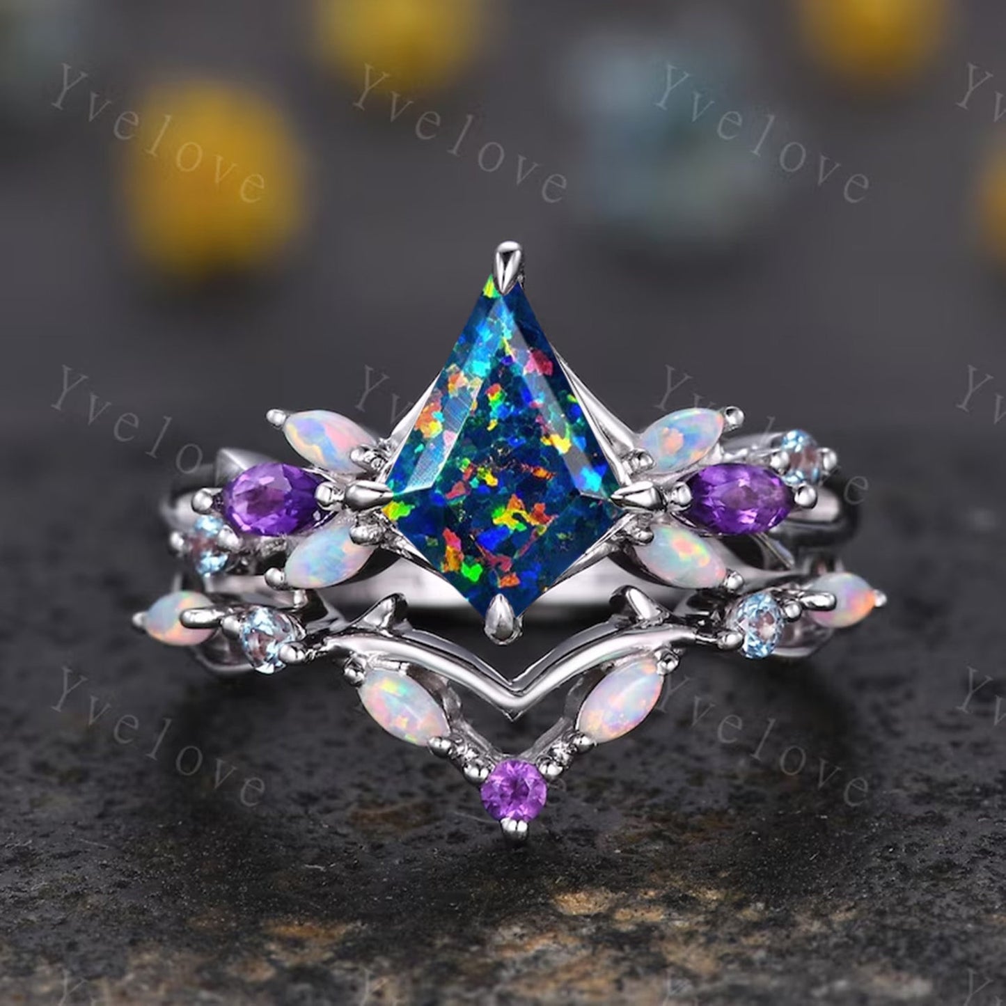 Black Opal Engagement Ring Set - Vintage Black Gold Vine Ring with Amethyst & Opal