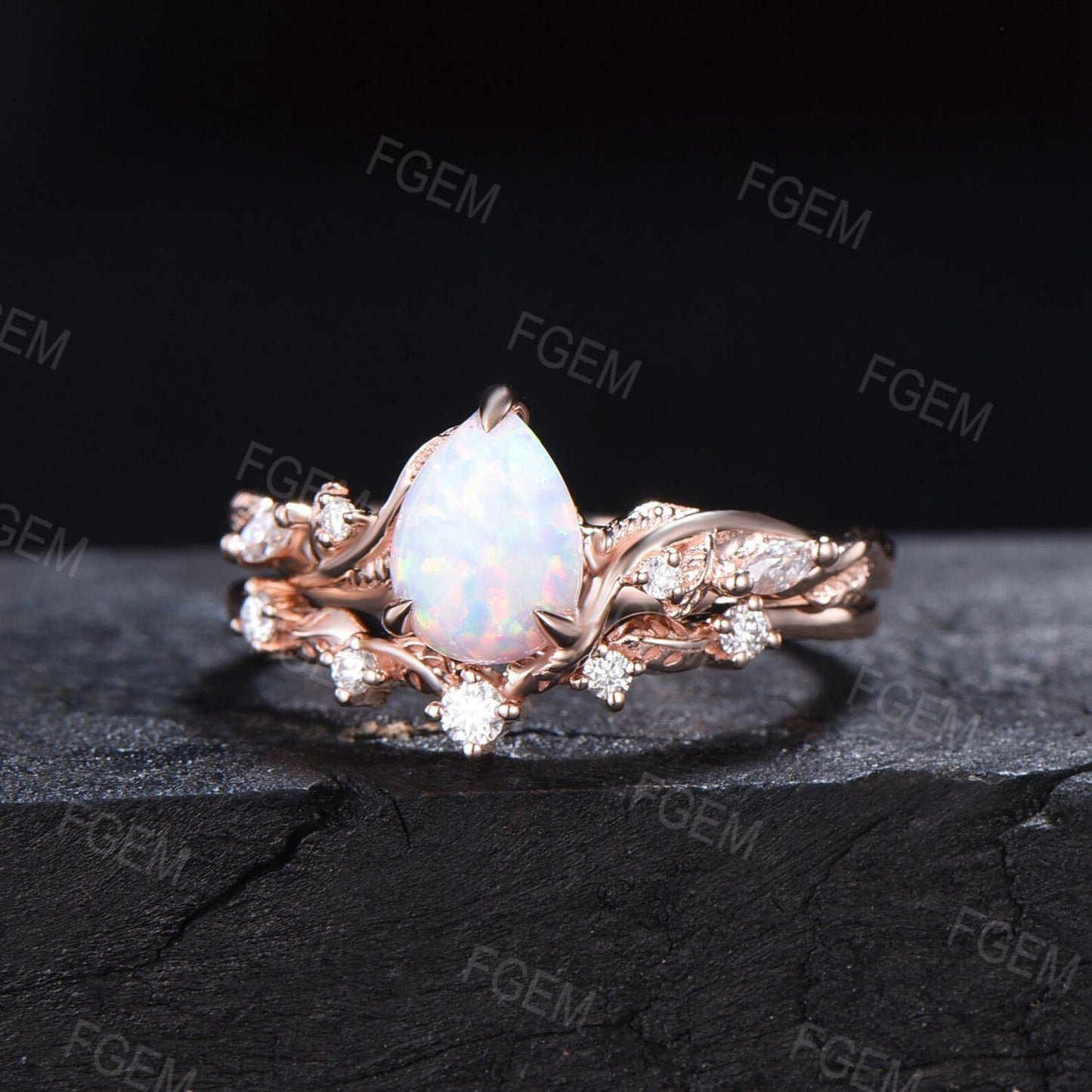 Twist Leaf Moissanite Opal Wedding Ring Set Nature Inspired White Opal Ring Set Vintage 1.25ct Pear Shaped Branch Twig Opal Engagement Ring
