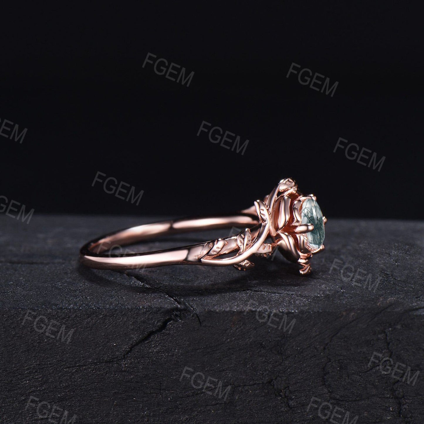 Nature Inspired Moss Agate Engagement Ring 10K Rose Gold Rose Flower Wedding Ring Vintage Leaf Branch Moss Ring Cluster Green Emerald Ring