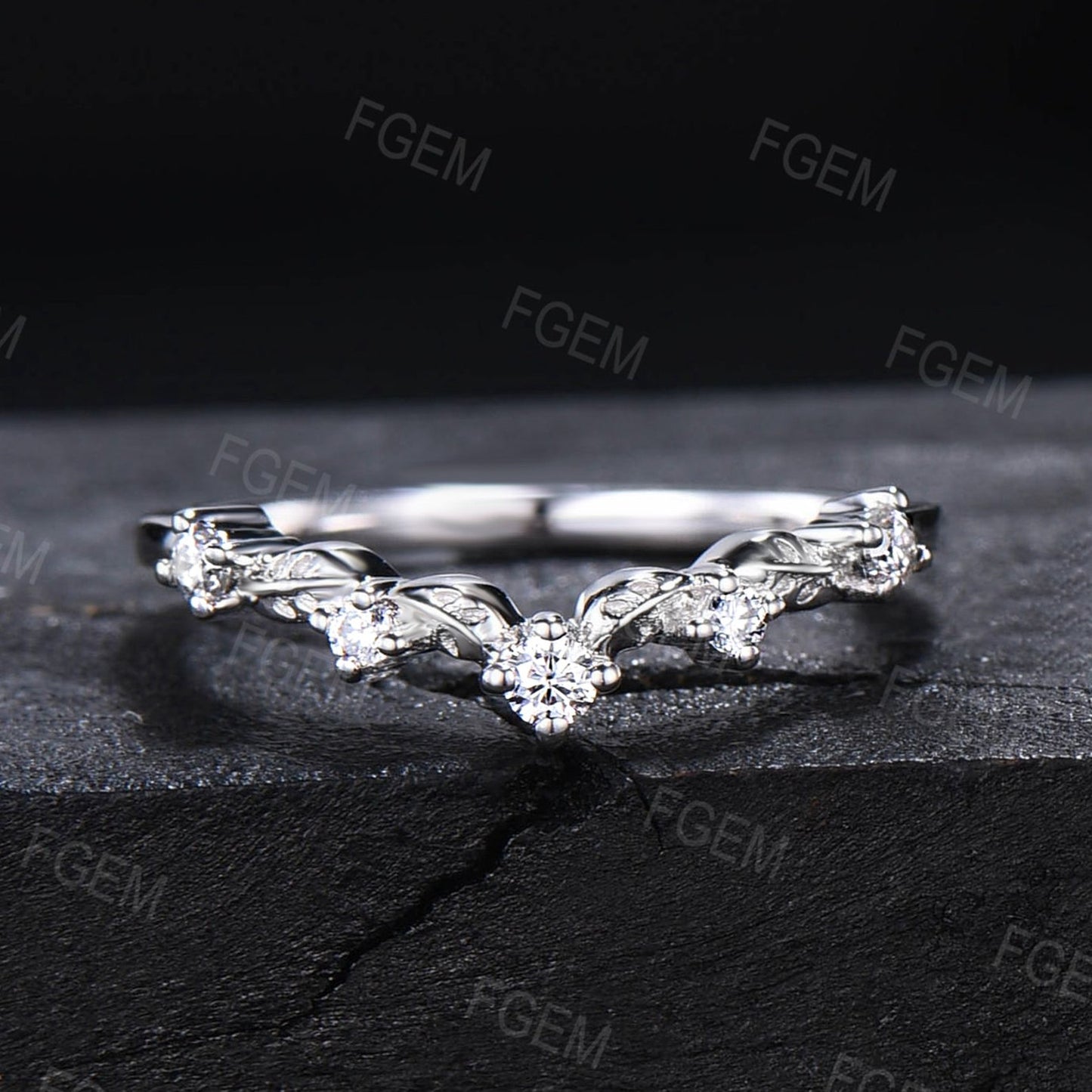 Nature Inspired Wedding Band Contour Curved Band 10K White Gold Moissanite Diamond Nesting Band Unique Vintage Stacking Matching Ring Bridal Gift