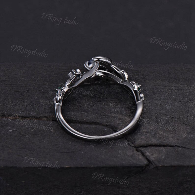 Black Gold Galaxy Round Moonstone Engagement Ring Witchy Nebula Moon Star Wedding Ring Cluster Amethyst Bridal Promise Ring Anniversary Gift