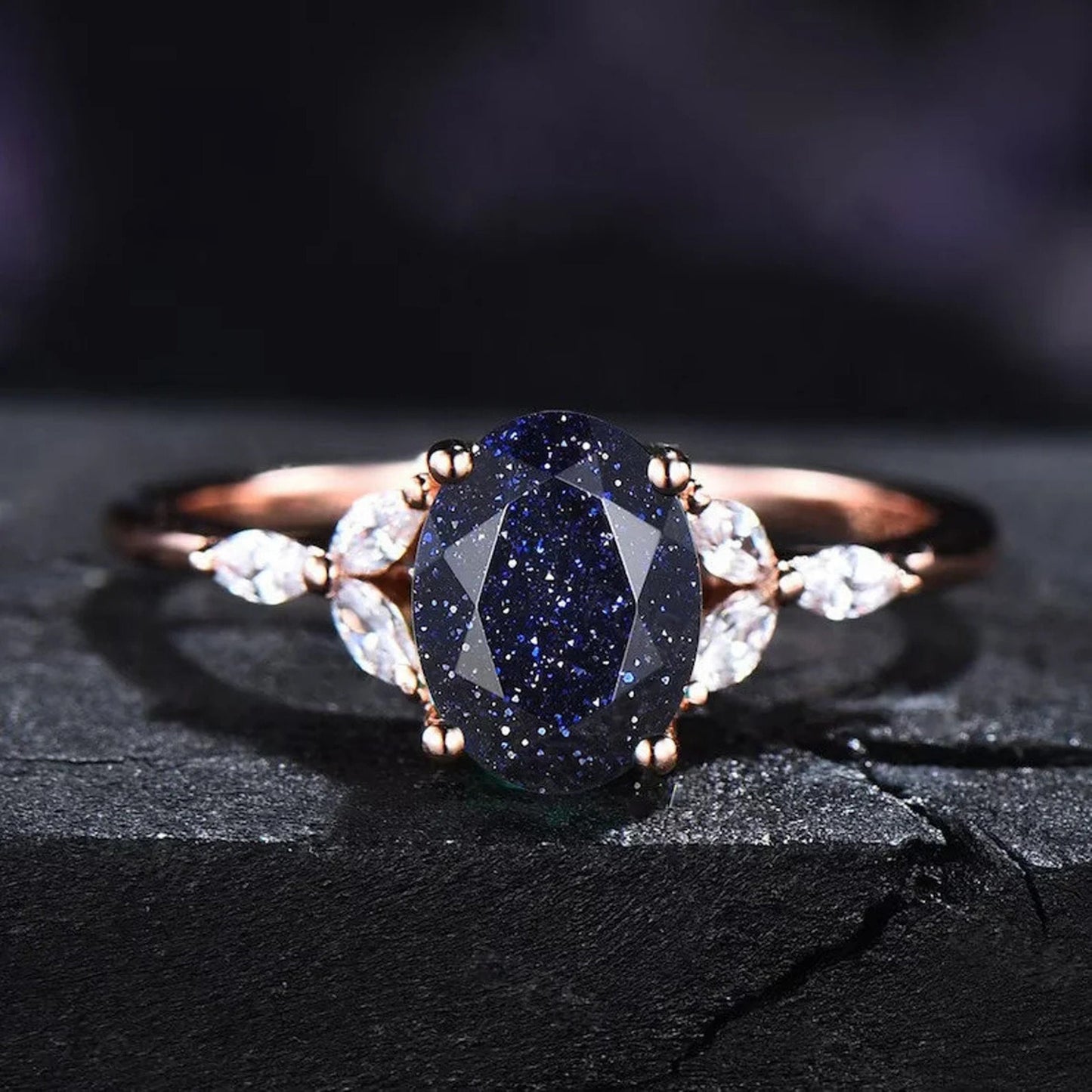 Blue Sandstone Ring Set For Women Sterling Silver Galaxy Starry Sky Ring CZ Diamond Wedding Band Proposal Gift Outer Space Ring Nebula Ring