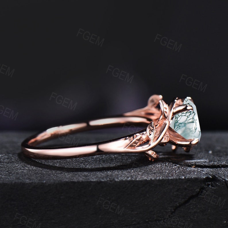 Round Cut Natural Green Moss Agate Engagement Ring Women Sterling Silver Moss Agate Leaf Solitaire Ring Alternative Gemstone Gift for Her