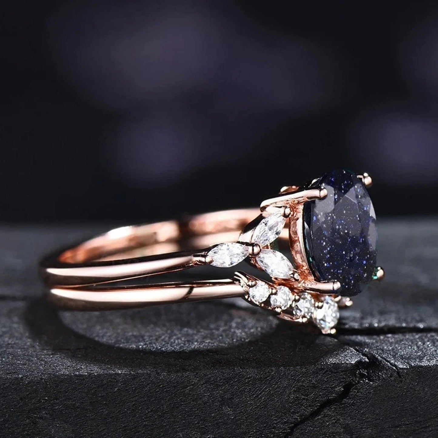 Blue Sandstone Ring Set For Women Sterling Silver Galaxy Starry Sky Ring CZ Diamond Wedding Band Proposal Gift Outer Space Ring Nebula Ring