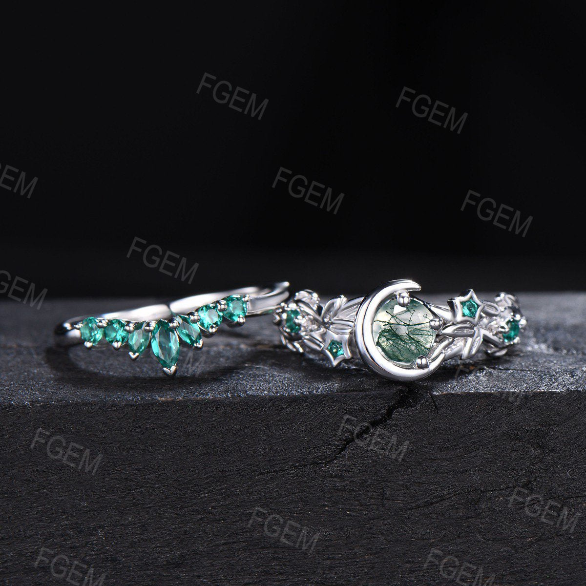Art Deco Round Natural Moss Agate Engagement Ring Set Moon Leaf Nature Inspired Ring Sterling Silver Emerald Ring Celestial Moon Star Ring