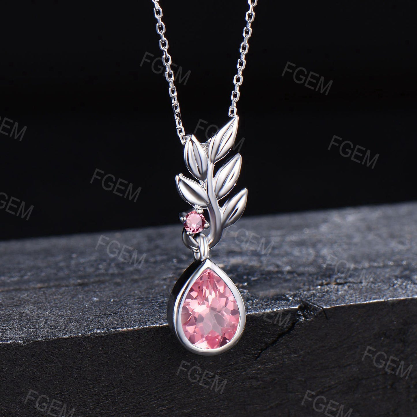 Pear Shaped Pink Sapphire Necklace 14k/18k Yellow Gold Leaf Necklace Greek Olive Leaf Padparadscha Sapphire Wedding Olive Tree Leaf Pendant