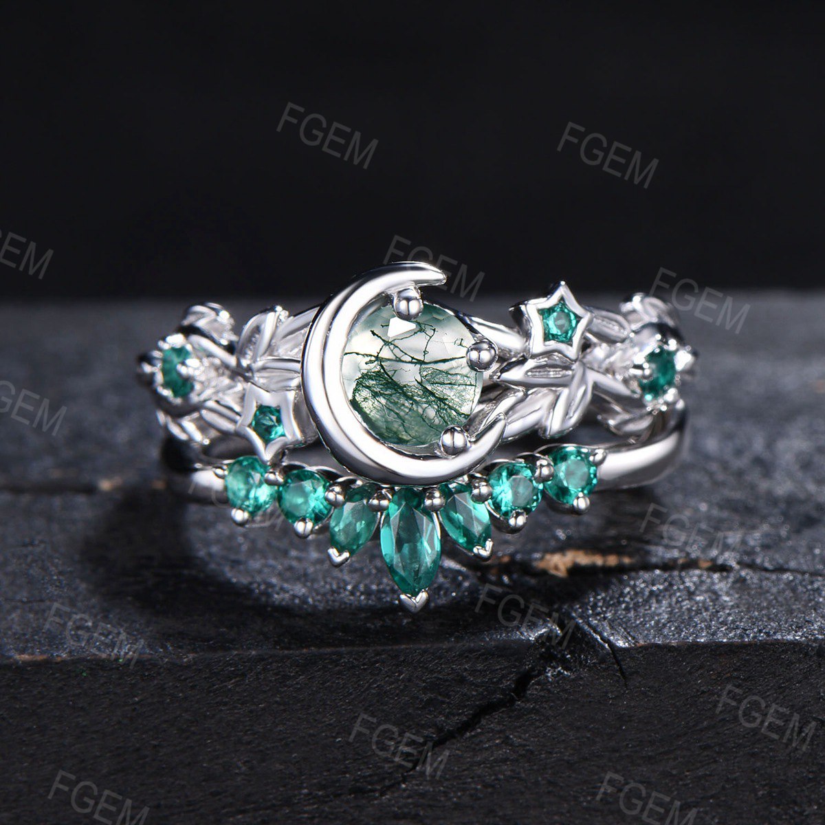 Art Deco Round Natural Moss Agate Engagement Ring Set Moon Leaf Nature Inspired Ring Sterling Silver Emerald Ring Celestial Moon Star Ring
