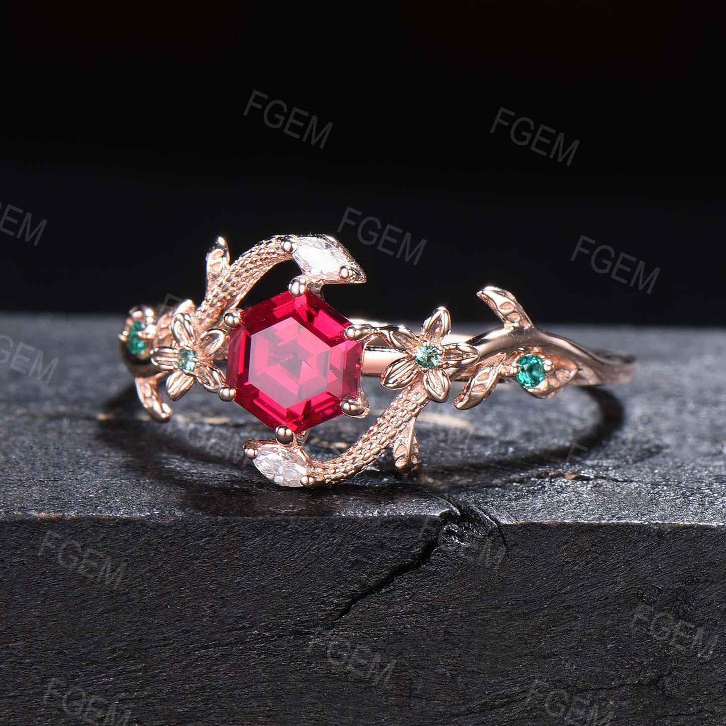 Nature Inspired Hexagon Ruby Engagement Ring Dainty Snake Ring Floral Ruby Emerald Wedding Ring Branch Leaf Ring July Birthstone Women Gifts