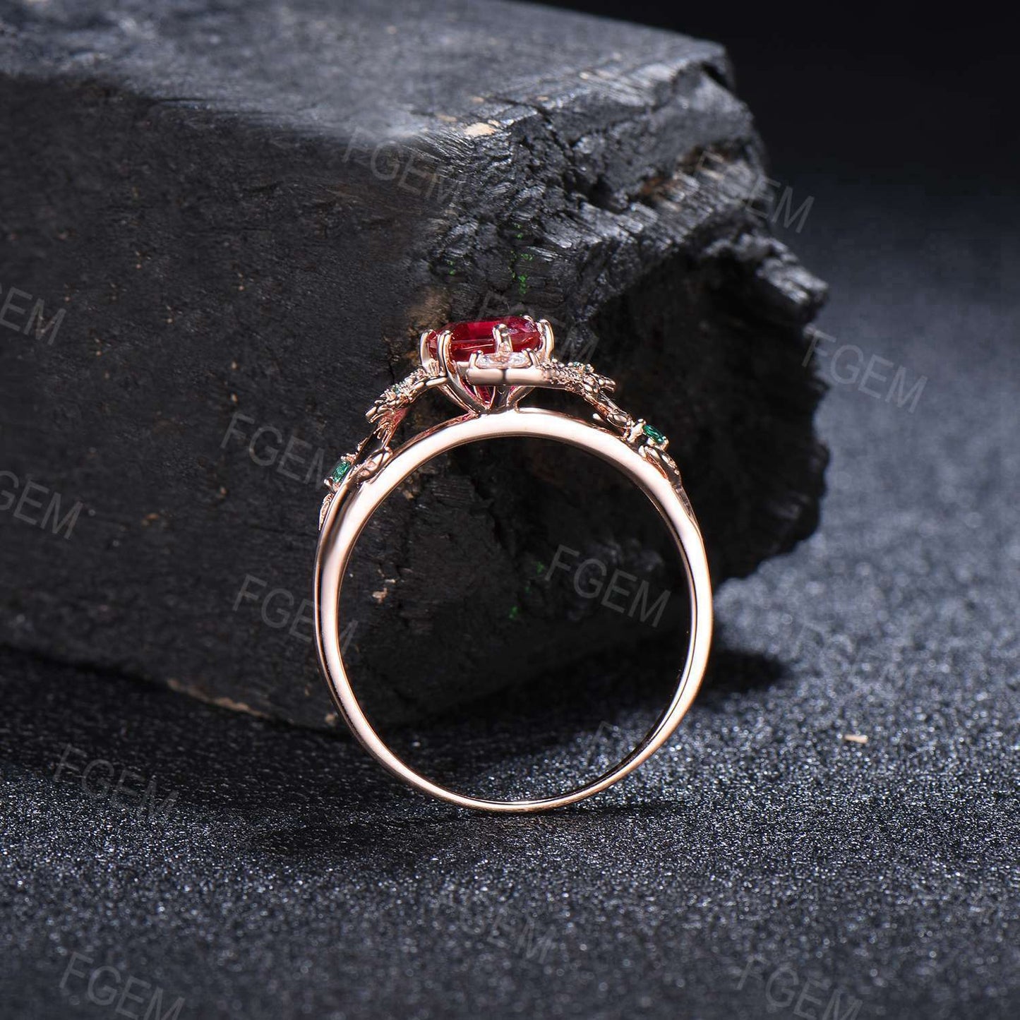 Nature Inspired Hexagon Ruby Engagement Ring Dainty Snake Ring Floral Ruby Emerald Wedding Ring Branch Leaf Ring July Birthstone Women Gifts