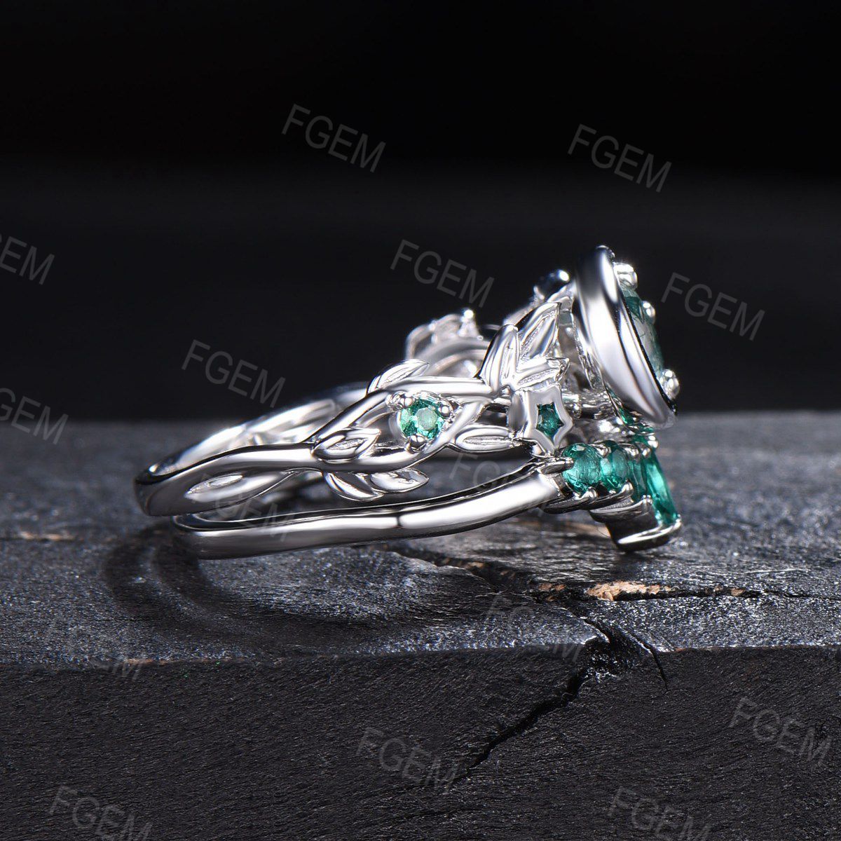 Art Deco Round Natural Moss Agate Engagement Ring Set Moon Leaf Nature Inspired Ring Sterling Silver Emerald Ring Celestial Moon Star Ring