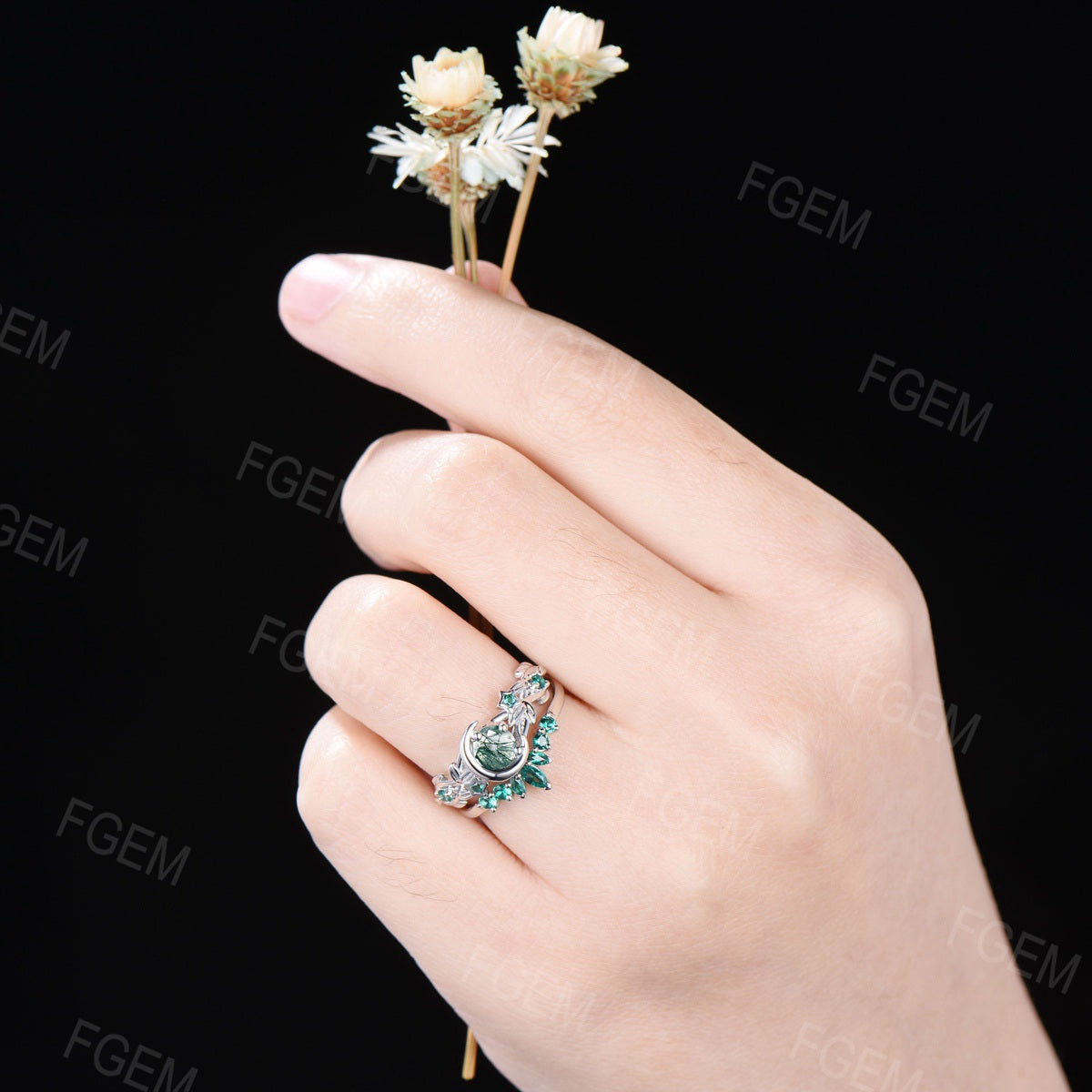 Art Deco Round Natural Moss Agate Engagement Ring Set Moon Leaf Nature Inspired Ring Sterling Silver Emerald Ring Celestial Moon Star Ring