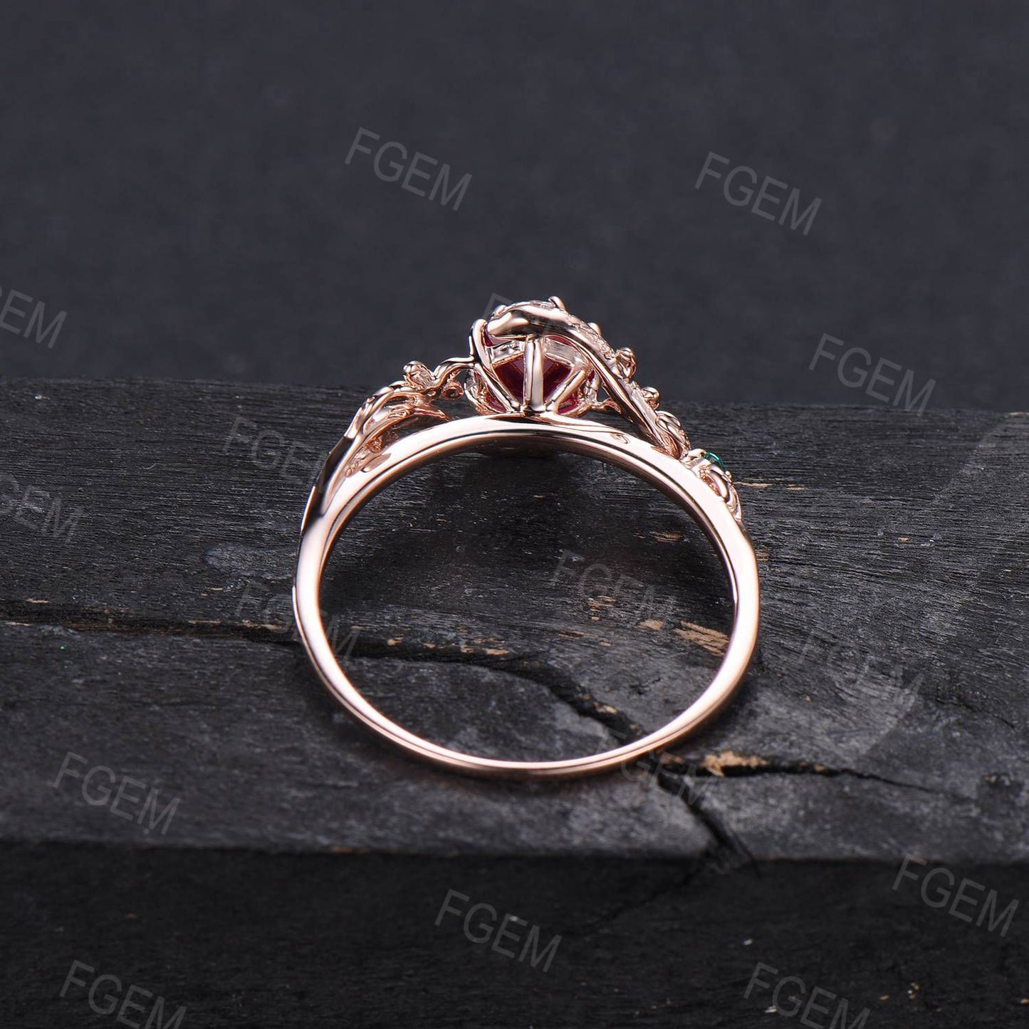 Nature Inspired Hexagon Ruby Engagement Ring Dainty Snake Ring Floral Ruby Emerald Wedding Ring Branch Leaf Ring July Birthstone Women Gifts