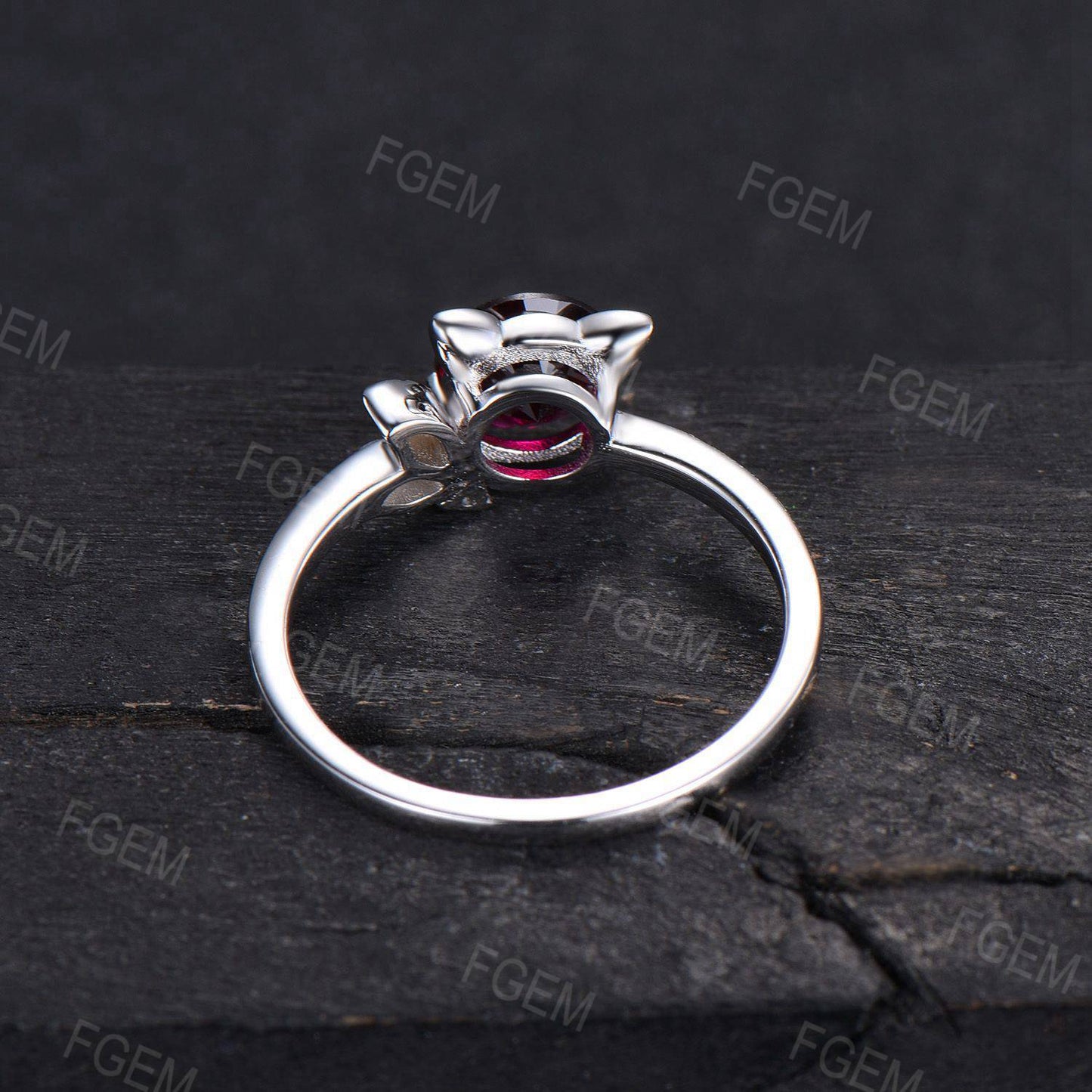Cat Design Round Ruby Ring Unique Cat Ruby Moissanite Wedding Ring Nature Inspired Leaves Ring July Birthstone Jewelry Gift For Daughter