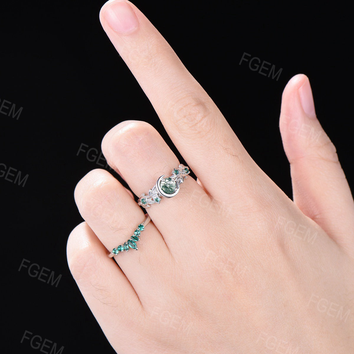 Art Deco Round Natural Moss Agate Engagement Ring Set Moon Leaf Nature Inspired Ring Sterling Silver Emerald Ring Celestial Moon Star Ring