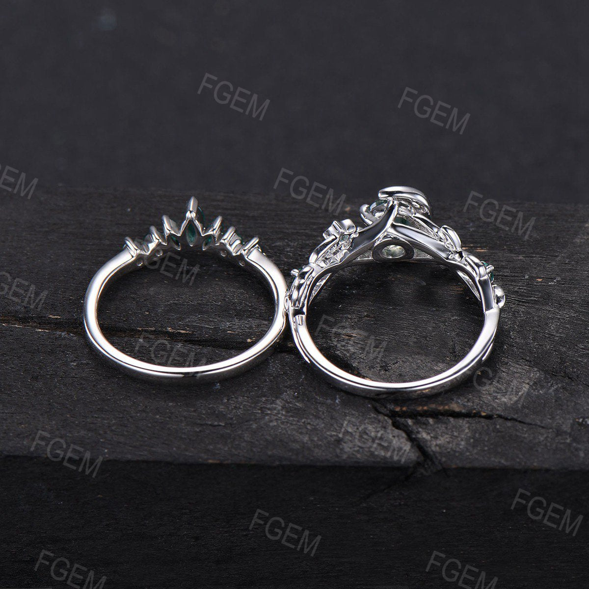 Art Deco Round Natural Moss Agate Engagement Ring Set Moon Leaf Nature Inspired Ring Sterling Silver Emerald Ring Celestial Moon Star Ring