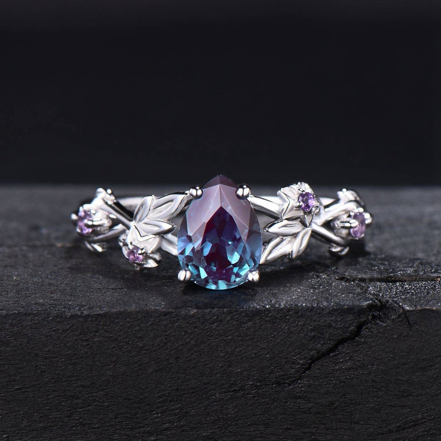1.25ct Twig Vine Branch Nature Inspired Teardrop Alexandrite Engagement Ring Rose Flower Floral Amethyst Rings Unique June Birthstone Gifts