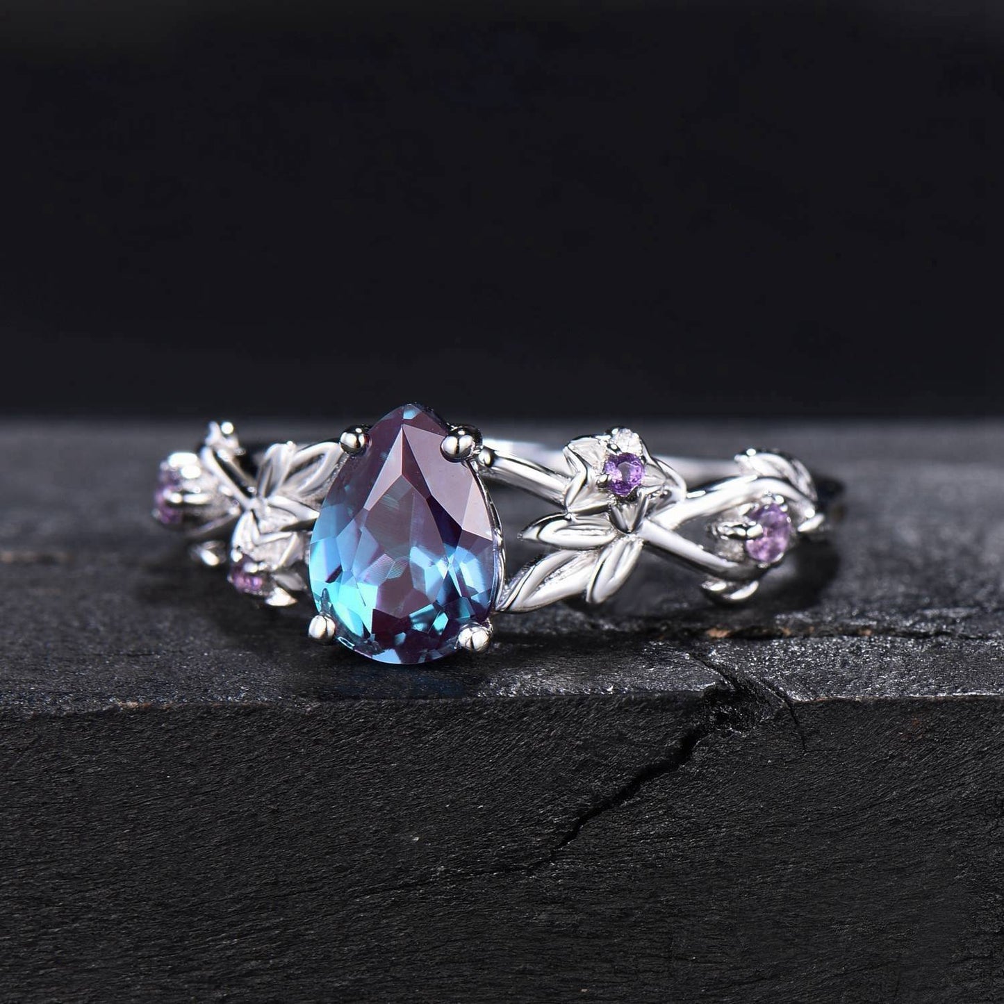 1.25ct Twig Vine Branch Nature Inspired Teardrop Alexandrite Engagement Ring Rose Flower Floral Amethyst Rings Unique June Birthstone Gifts