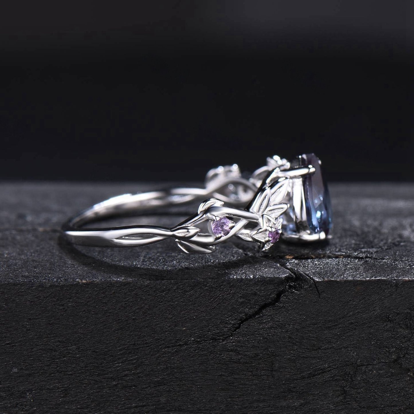 1.25ct Twig Vine Branch Nature Inspired Teardrop Alexandrite Engagement Ring Rose Flower Floral Amethyst Rings Unique June Birthstone Gifts