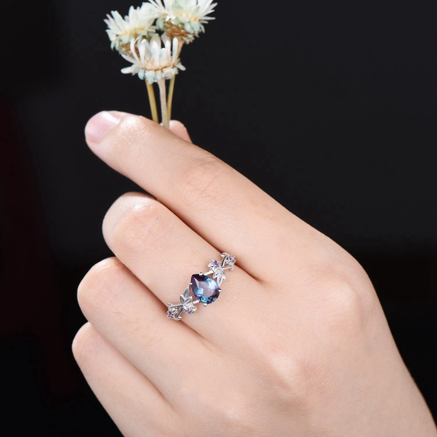 1.25ct Twig Vine Branch Nature Inspired Teardrop Alexandrite Engagement Ring Rose Flower Floral Amethyst Rings Unique June Birthstone Gifts