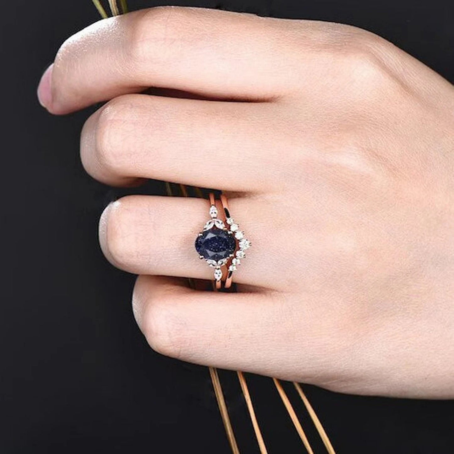 Blue Sandstone Ring Set For Women Sterling Silver Galaxy Starry Sky Ring CZ Diamond Wedding Band Proposal Gift Outer Space Ring Nebula Ring