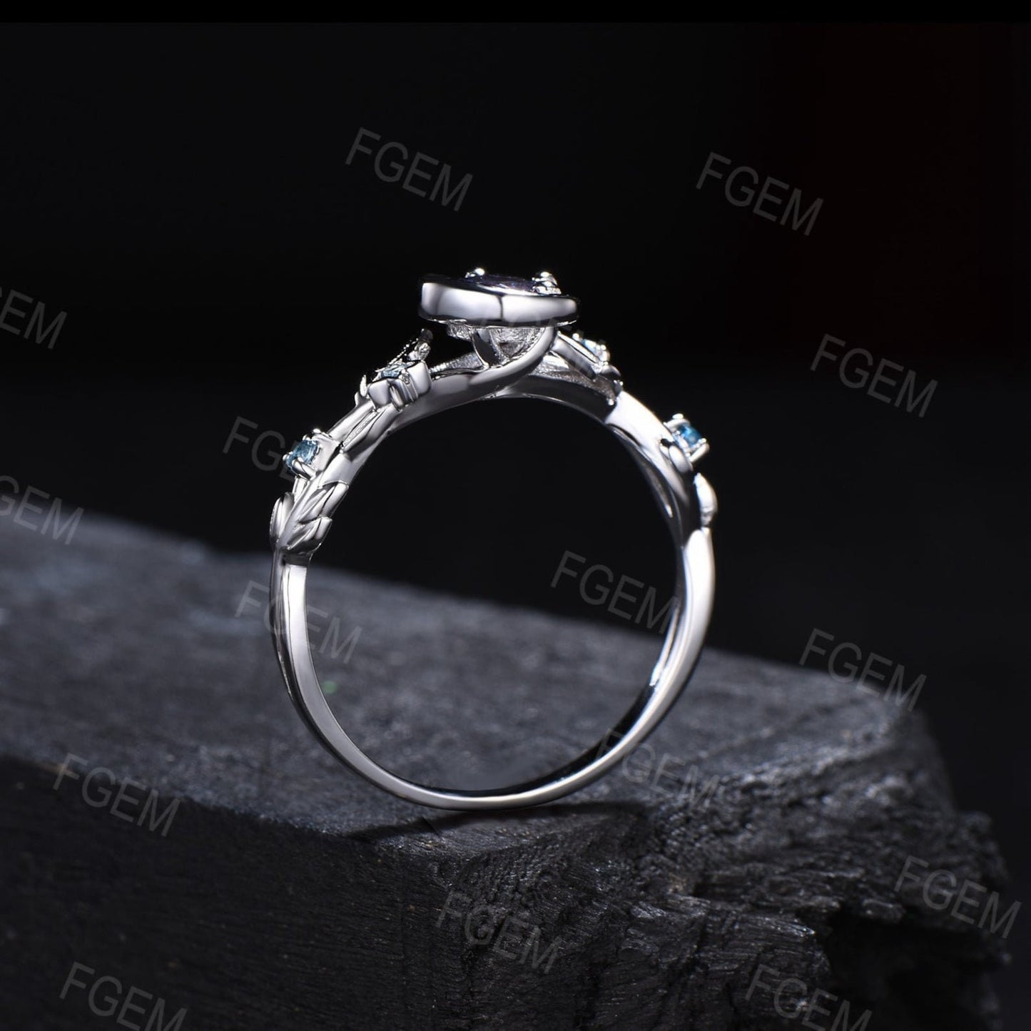 5mm Round Natural Light Blue Aquamarine Engagement Ring Moon Star Wedding Ring White Gold Nature Inspired Leaf Vine Blue Aquamarine Ring Promise Gift
