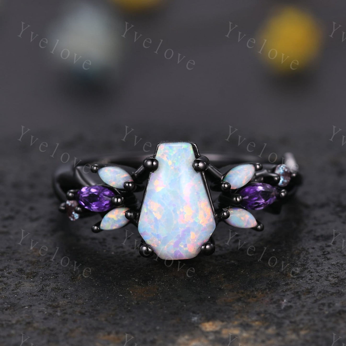 Vintage Coffin White Opal Engagement Ring Set,Black Gold,Vines Amethyst Opal Ring,Women Bridal Set,Unique Twig Anniversary Promise Ring Gift