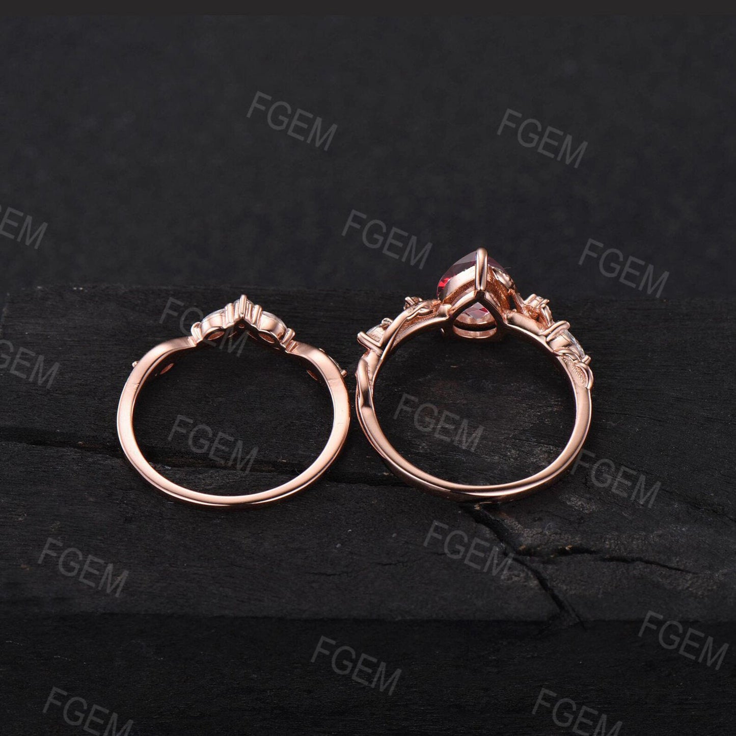 Nature Inspired Red Ruby Gemstone Jewelry 10K Rose Gold Twist Vine Ruby Moonstone Engagement Ring Set Anniversary Ring July Birthstone Gift