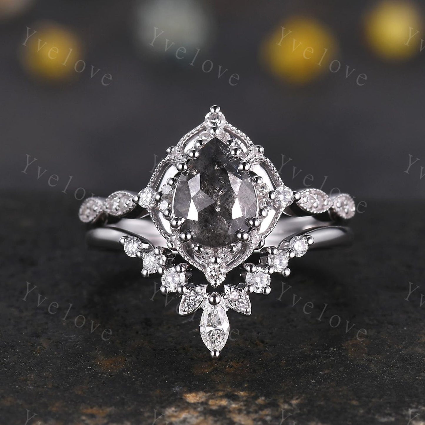 Vintage Salt & Pepper Diamond Pear Engagement Ring Set 14K Gold