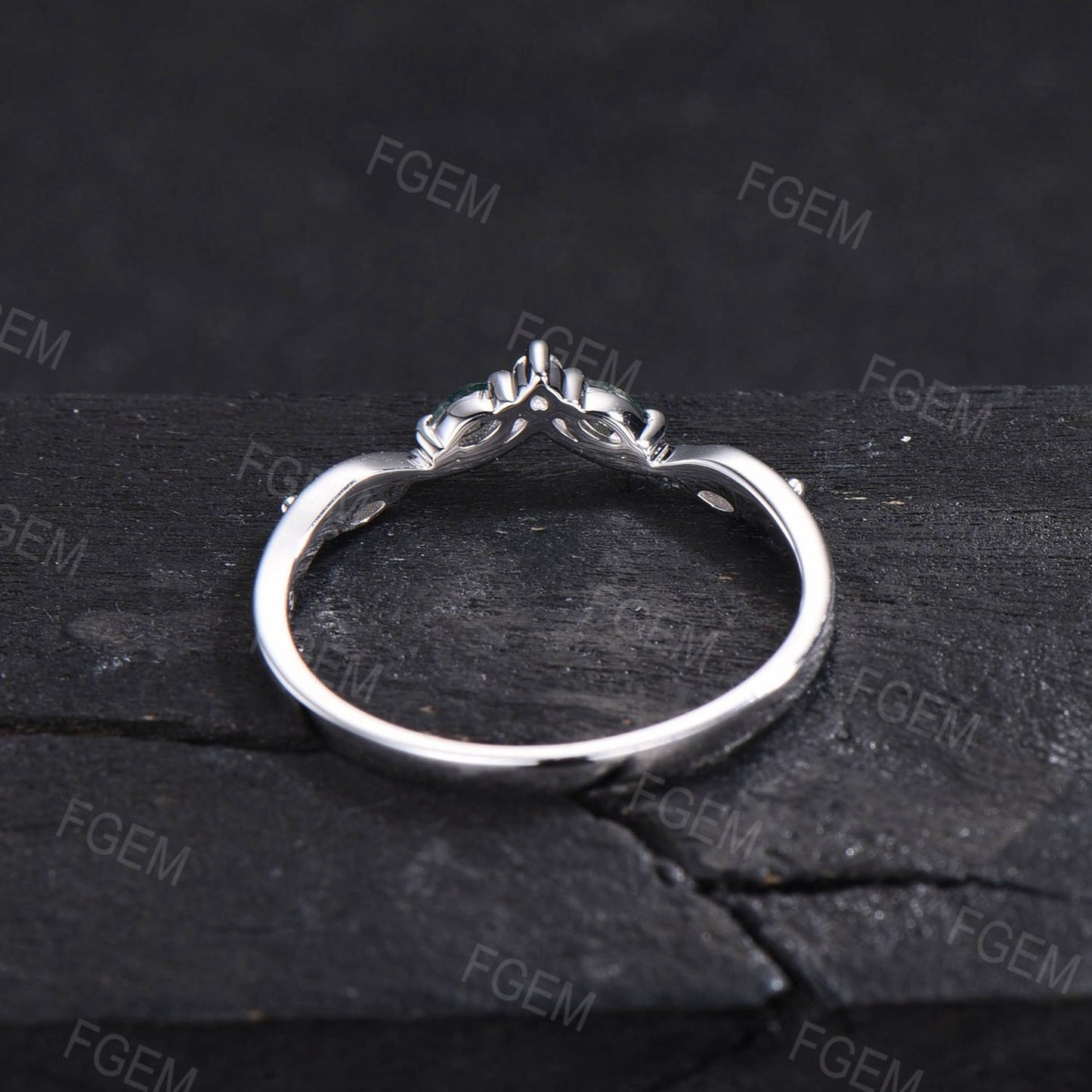 Marquise Moss Agate Contour Nature Wedding Band 10K White Gold Moissanite Nesting Band Ring Unique Vintage Stacking Matching Curved Bridal Band