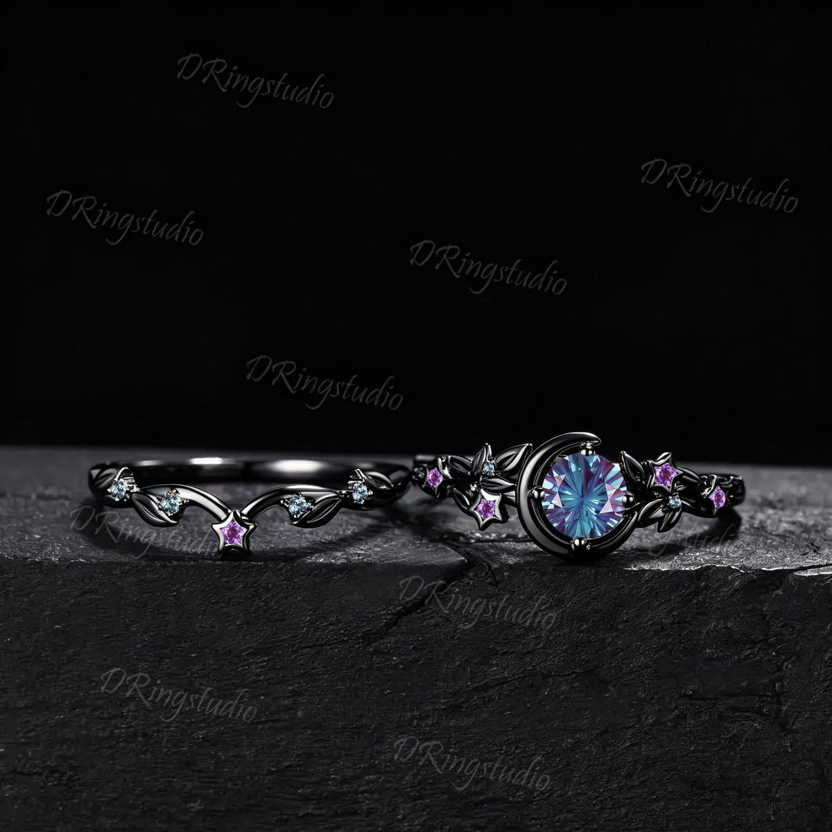 Color-Change Round Fireworks Cut Alexandrite Engagement Ring Crescent Moon Star Black Gold Leaf Vine Bridal Set Amethyst Wedding Ring Gift